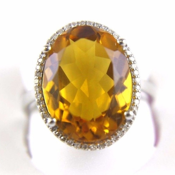 Honey Yellow Citrine & Diamond Halo Ring WG 7.64Ct - Picture 2 of 7